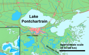 New Orleans sits between (and below) the Mississippi River and Lake Pontchartrain.