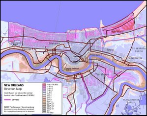 Elevation map of New Orleans.  Cool shades are below the level of Lake Pontchartrain.