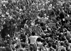 Millions cheer Pope John Paul II during his first visit to Poland as pontiff in 1979