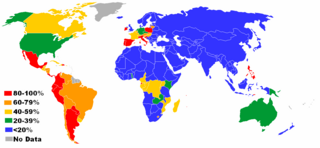 Map showing Roman Catholic Church membership as a percentage of each country's population