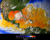 Hurricane Katrina depicted on a NASA sea surface temperature (SST) map. SST are for Caribbean Sea and Atlantic Ocean, Aug 25-27. Areas in yellow, orange or red represent 82°F or above; these conditions allow hurricanes to strengthen.