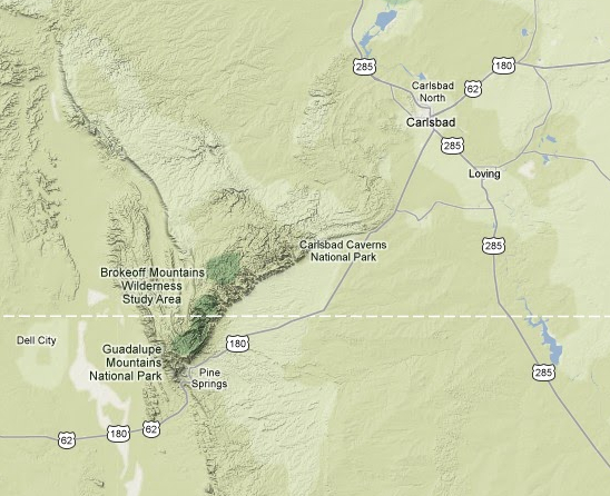 Area map of Carlsbad NM, Carlsbad Caverns NP and Guadalupe Mts NP
