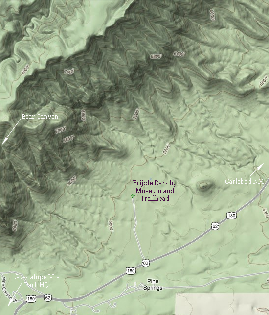 Area map of Frijole Ranch and Frijole and Foothills trails in Guadalupe Mts NP