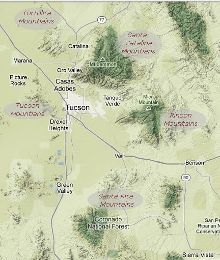 Google terrain map of Tucson area mountains