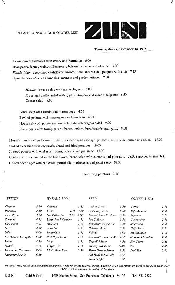 Zuni menu for December the 14th 1995 - my 43rd Birthday