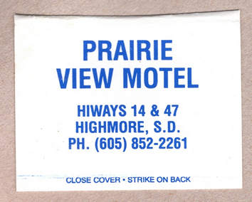 Matchbook cover from the Prairie View Motel - Highmore ND