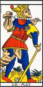The Fool: the unnumbered card in the Tarot deck, from the Tarot of Marseille.