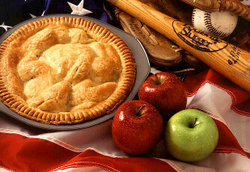 Apple pie shown alongside United States cultural icons.