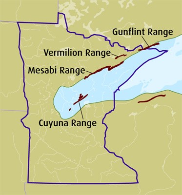 Map of Minnesota 2 Billion Years Ago with Iron Ranges Highlighted