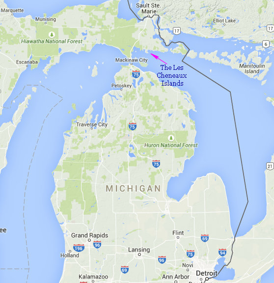 The state of Michigan with The Les Cheneaux Islands lablelled