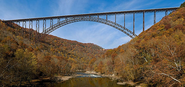 River level view of the New River Gorge Bridge