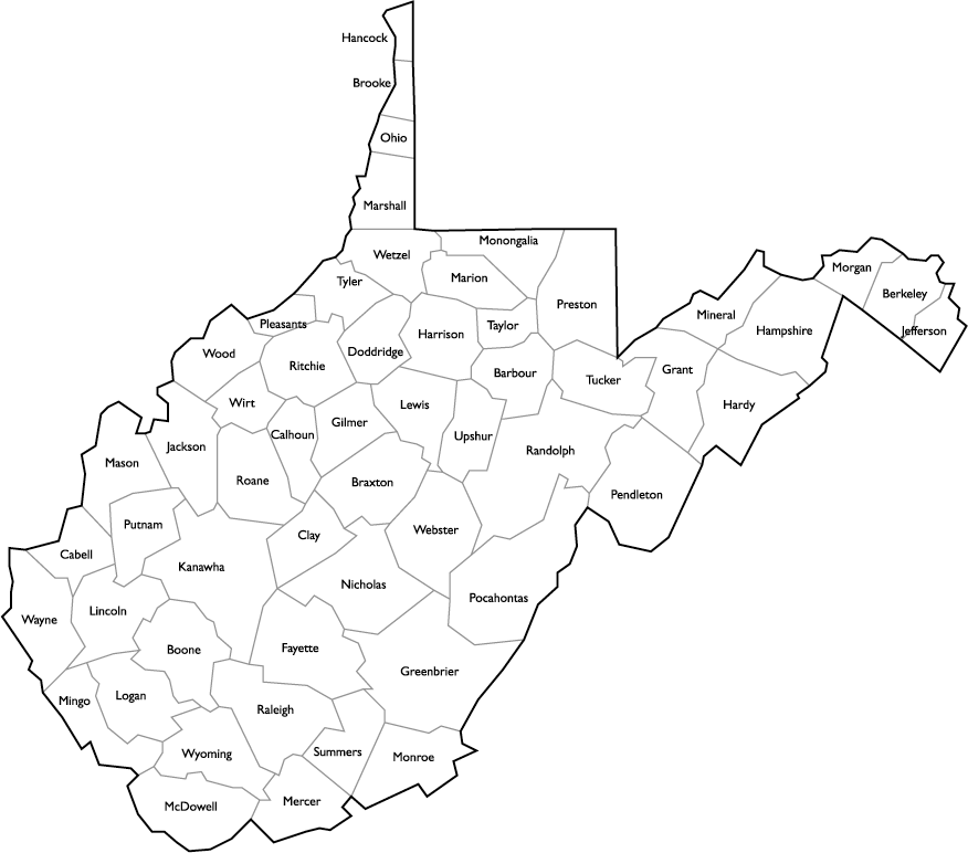 Map of West Virginia with the counties named