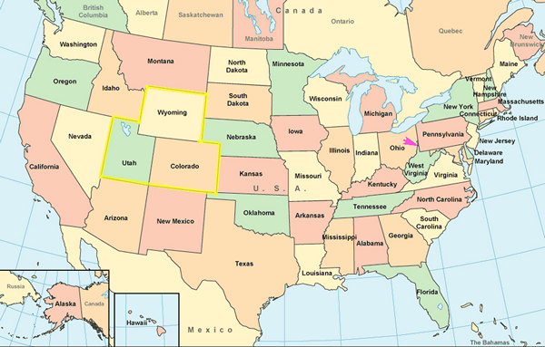 Wyoming - Colorado - Utah outlined in yellow