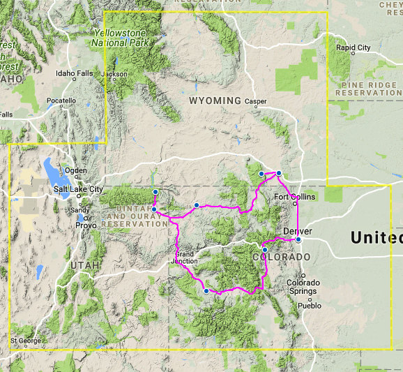 Our route through Colorado, Wyoming and Utah