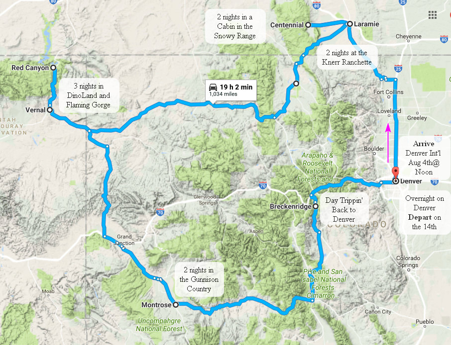 Our route through Colorado, Wyoming and Utah with stop listed