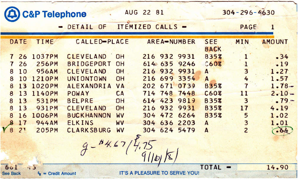 Phone bill for 22 Auguust 1981 showing calls made to Betsy Beal and Freda Hostottle Phone bill for 22 Auguust 1981 showing calls made to Betsy Beal and Freda Hostottle