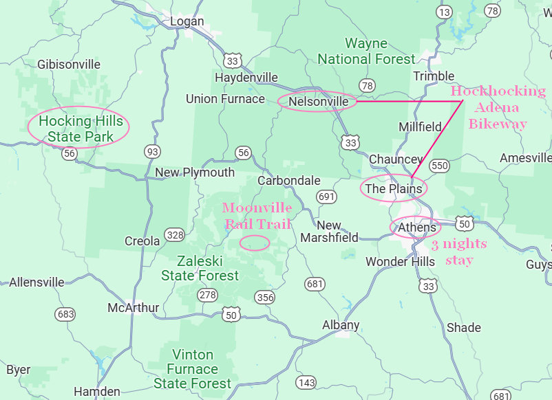 Hocking Hills - Athens area map