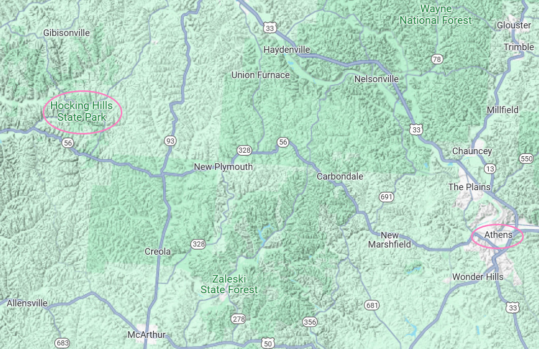 Terrain map of the Hocking Hills and Athens area - SE Ohio