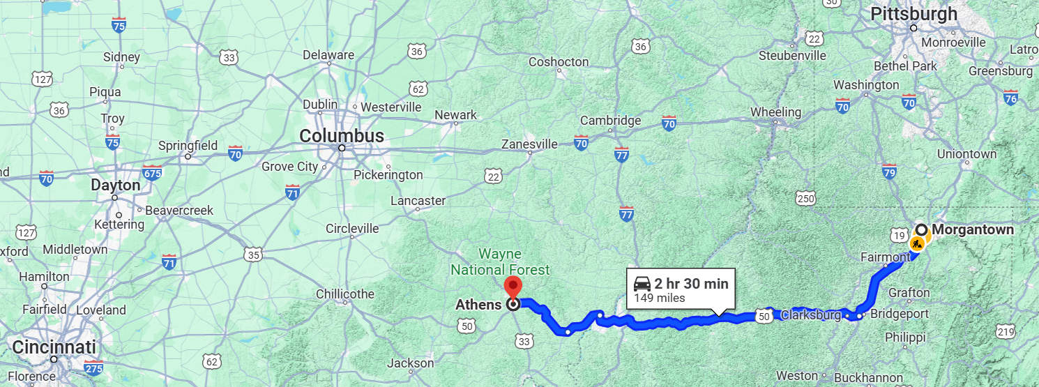Terrain map of SE Ohio and SW West Virginia