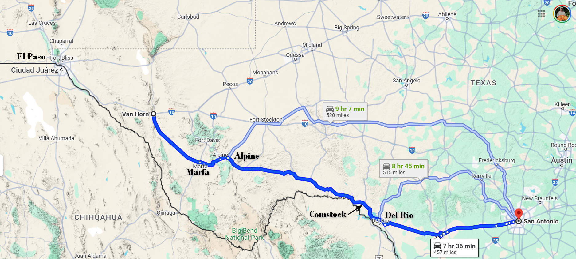 Route from Van Horn to San Antonio TX
